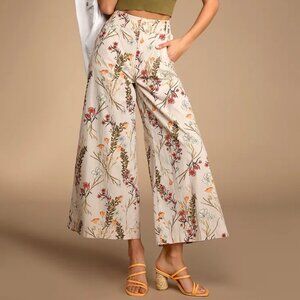 Free People Menorca Taupe Multi Floral Print Wide-Leg Cropped Pants Size 6